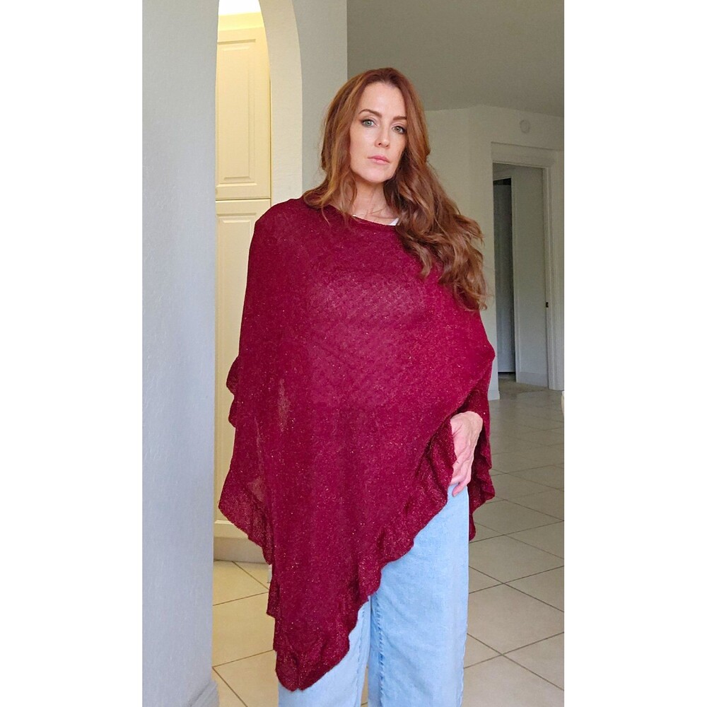 Lane Bryant Metallic Shimmer Knit Poncho Sweater Burgundy One Size Holiday